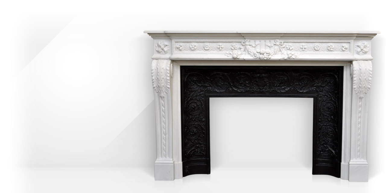 Juliette Recamier is a custom-made marble fireplace of Louis XVI style with beautiful sculptures.