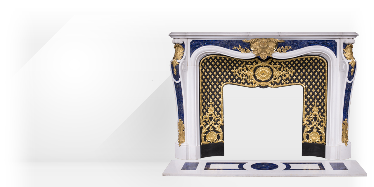 Païva is an expetional custom made marble fireplace of Louis XV style with gilded bronze ornaments and Lapis lazuli inlays.  Manufactured by Maison & Maison.