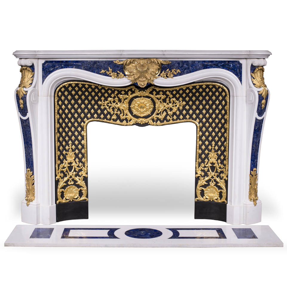 Païva is an expetional custom made marble fireplace of Louis XV style with gilded bronze ornaments and Lapis lazuli inlays.  Manufactured by Maison & Maison.