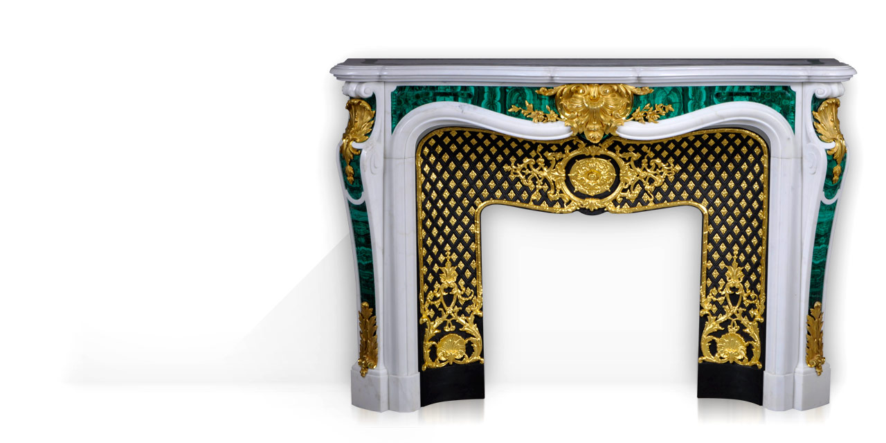 Païva is a superb custom made marble fireplace of Louis XV style with gilded bronze ornaments and exceptional malachite inlays.  Manufactured by Maison & Maison.