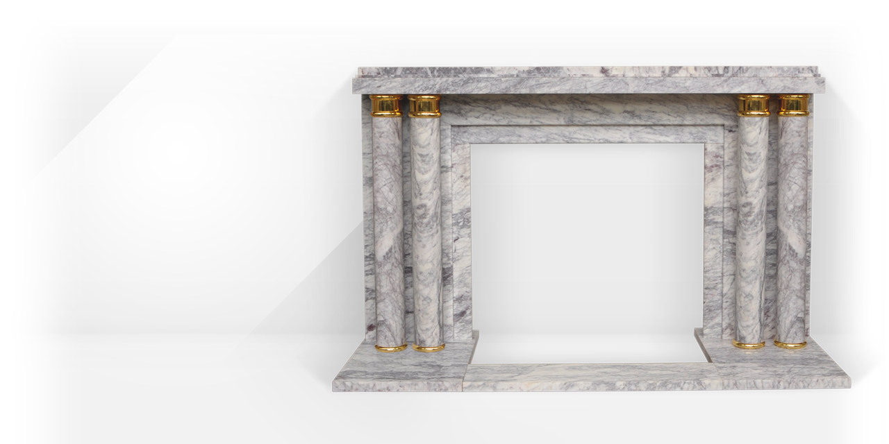 Paquebot is an Art Deco style custom-made marble fireplace decorated with a pair of double columns with gilded bronze ornaments.
