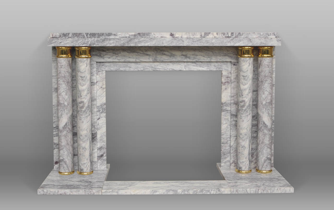 «Paquebot» is a custom-made Art Deco style marble fireplace mantel with discreet gilded bronze ornaments. 
This fireplace is made out of Lilas marble, a highly decorative and sought marble.
The jambs are made up of two double columns which are decorated at the top with fine fluted rings made out of gilded bronze. 
The straight lines of this Art Deco style fireplace give it a prominent architectural design.